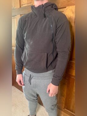 Tuxy Adult ONESIE Sweatsuit Gray Brown Drawstring Waist Asymmetrical Zip COMFY!